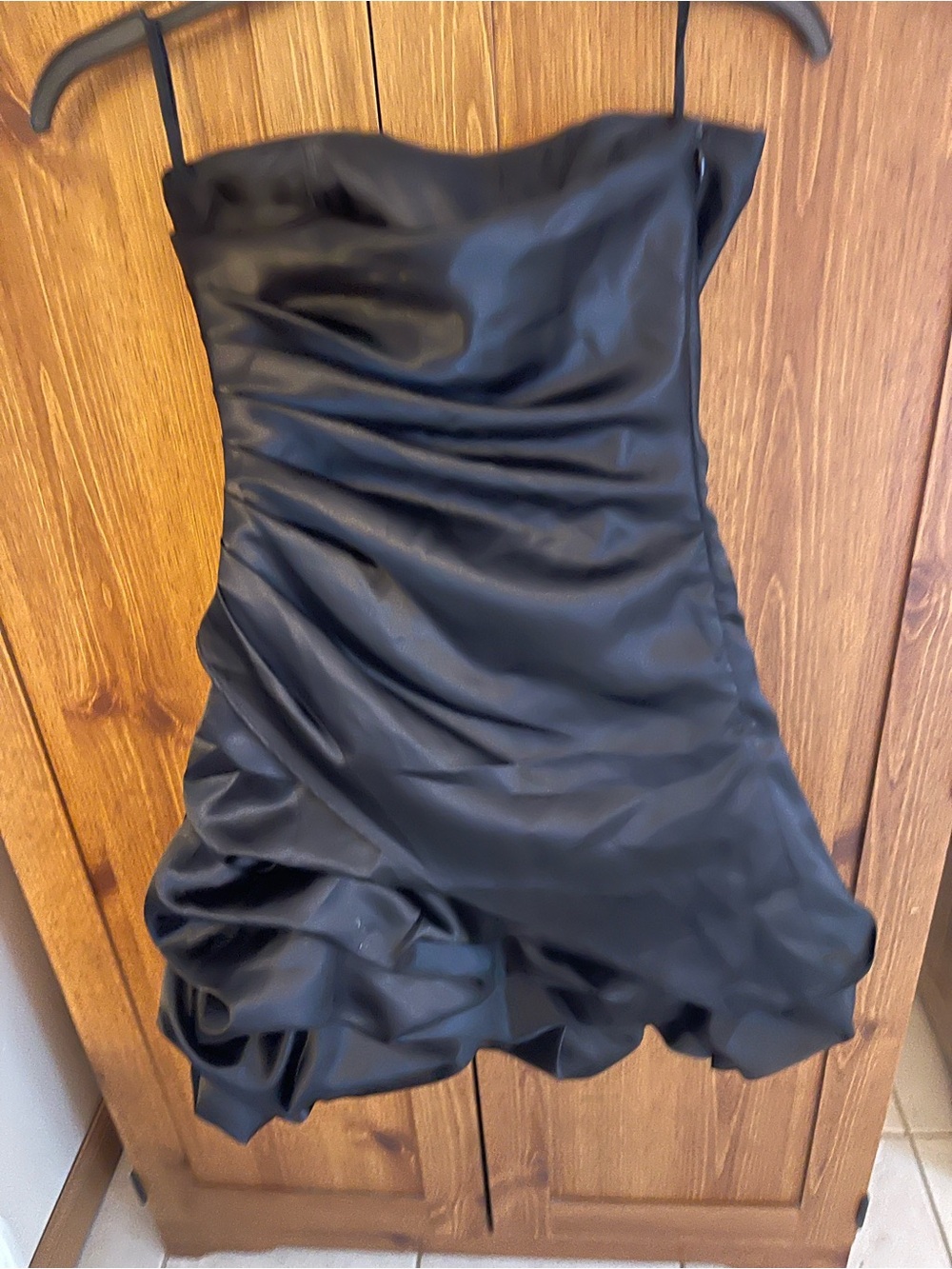 Black Strapless Ruched Satin Cocktail Dress